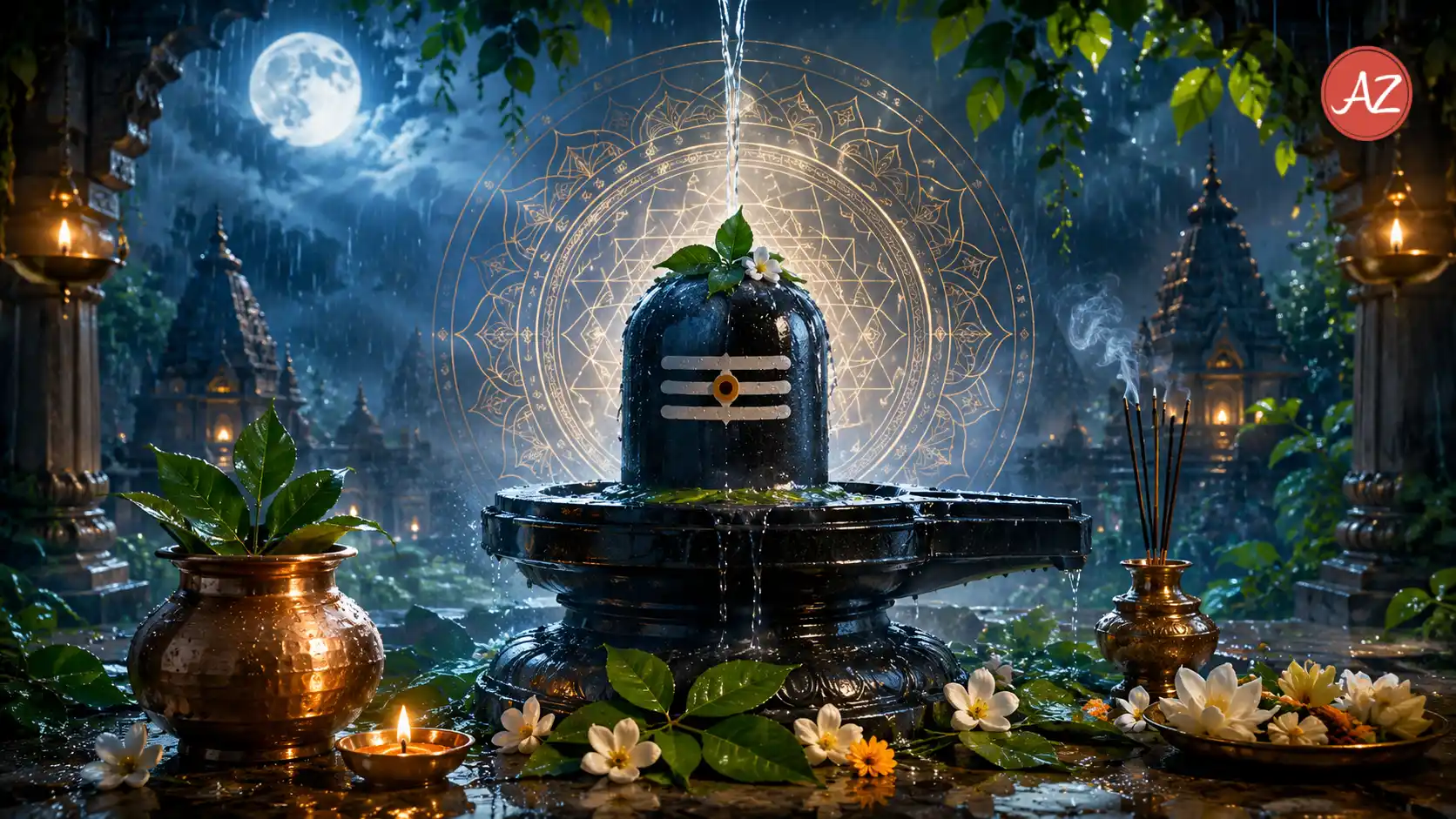Sawan 2026 start date image showing Lord Shiva Shivling with Jalabhishek, belpatra, diya, and monsoon temple background
