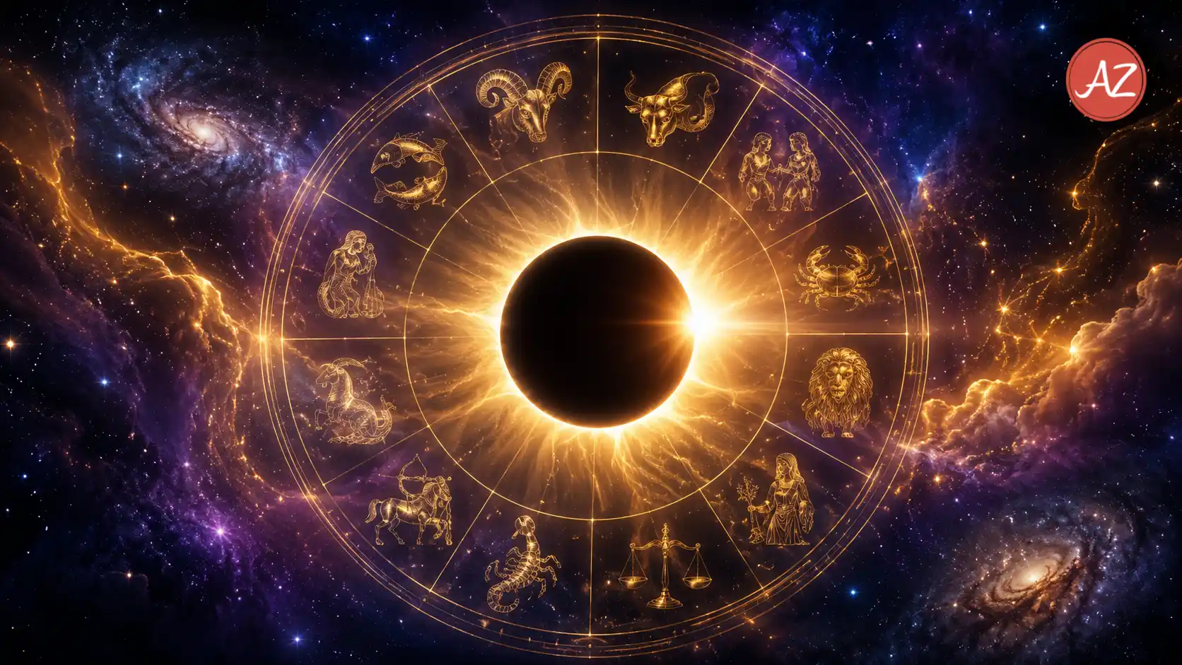 Illustration representing Surya Grahan 2026 total solar eclipse over Earth with zodiac wheel and Sun motifs