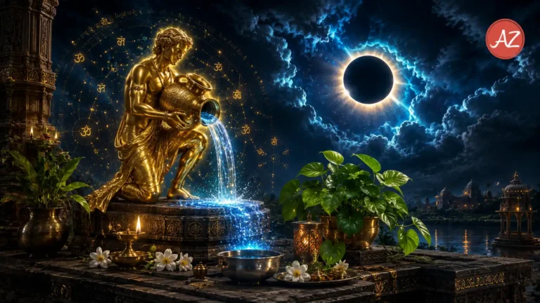 Vedic astrology depiction of Aquarius sign and Total Solar Eclipse in August 2026.