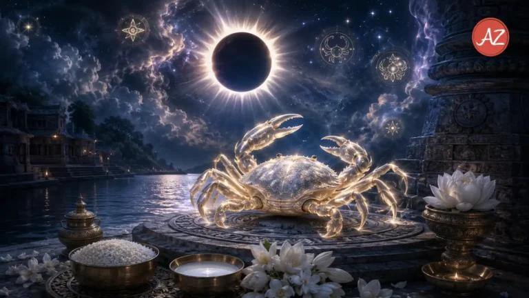 Vedic astrology depiction of Cancer sign and Total Solar Eclipse in August 2026.