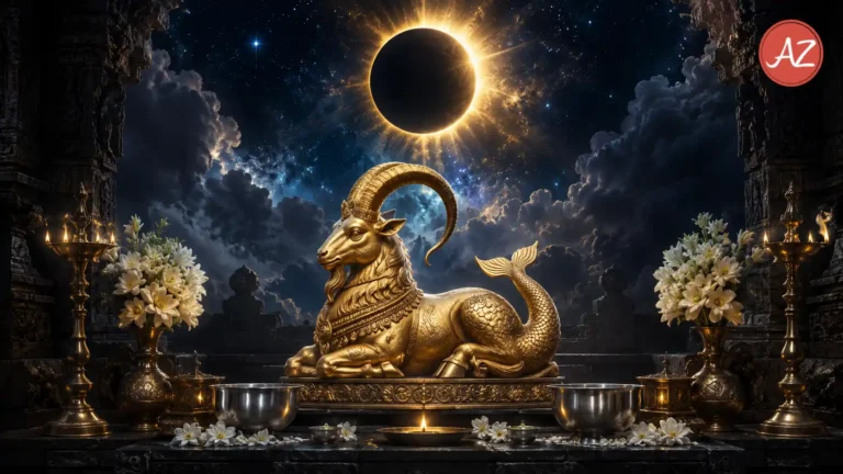 Vedic astrology depiction of Capricorn sign and Total Solar Eclipse in August 2026.