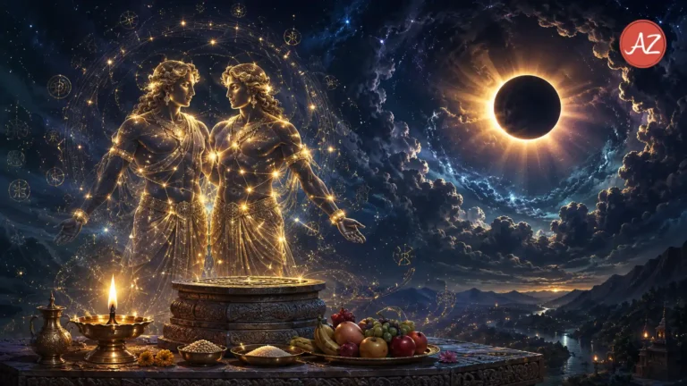 Vedic astrology depiction of Gemini sign and Total Solar Eclipse in August 2026.