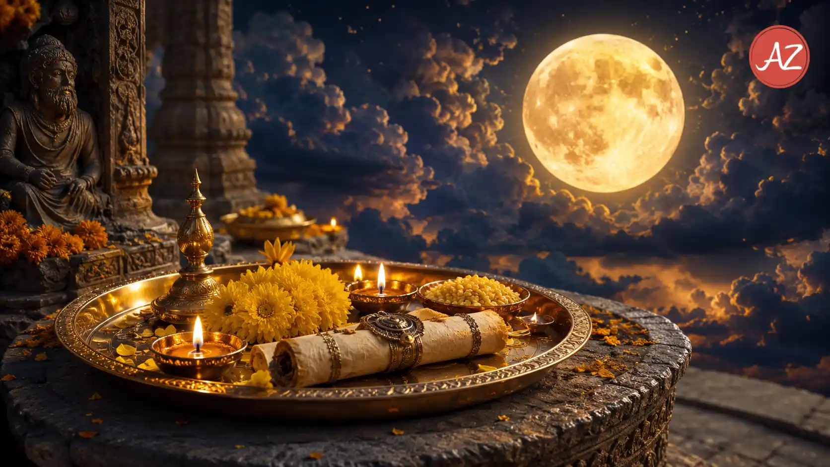 Sacred Vedic illustration of Guru Purnima 2026 featuring Maharishi Ved Vyasa traditions, a luminous Capricorn full moon, and traditional puja offerings.