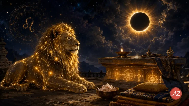 Vedic astrology depiction of Leo sign and Total Solar Eclipse in August 2026.