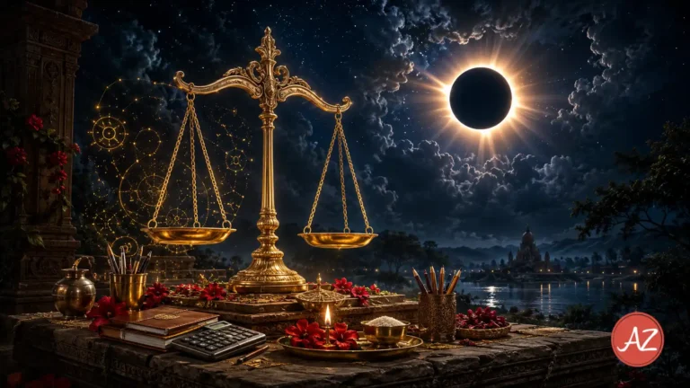 Vedic astrology depiction of Libra sign and Total Solar Eclipse in August 2026.