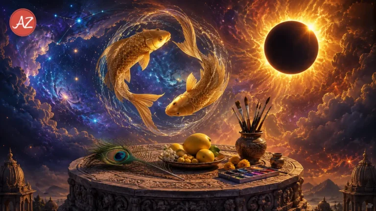 Vedic astrology depiction of Pisces sign and Total Solar Eclipse in August 2026.