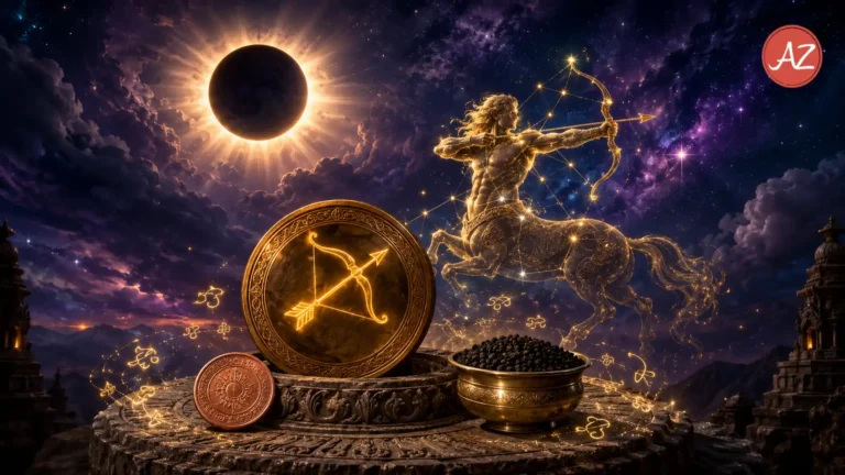 Vedic astrology depiction of Sagittarius sign and Total Solar Eclipse in August 2026.