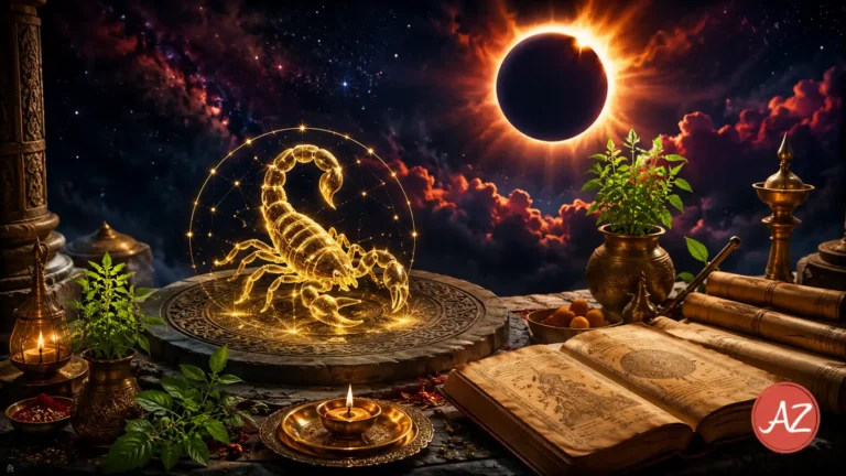 Vedic astrology depiction of Scorpio sign and Total Solar Eclipse in August 2026.