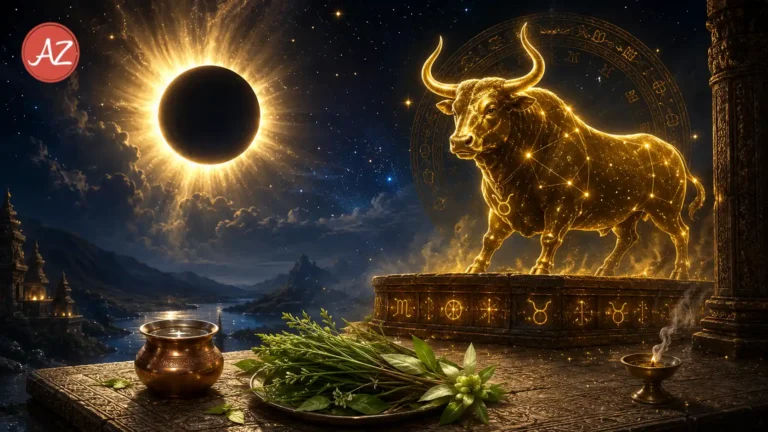 Vedic astrology illustration representing Taurus sign and Total Solar Eclipse in August 2026.