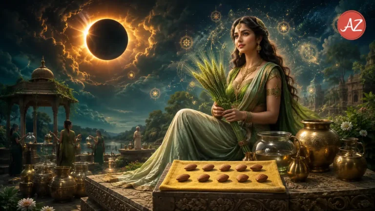 Vedic astrology depiction of Virgo sign and Total Solar Eclipse in August 2026.