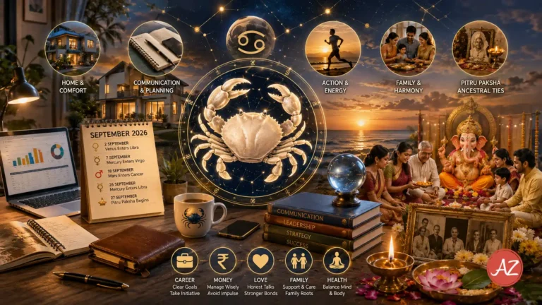 Monthly Horoscope for Cancer September 2026 showing career, money, family matters, Sun in Virgo, Mars in Cancer and Pitru Paksha influences.
