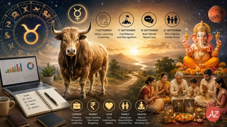 Monthly Horoscope for Taurus September 2026 featuring career, money, relationships, Ganesh Chaturthi, Mars in Cancer and family matters.