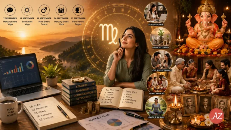 Monthly Horoscope for Virgo September 2026 showing career growth, money planning, professional networks, Sun in Virgo, Mars in Cancer and Pitru Paksha themes.