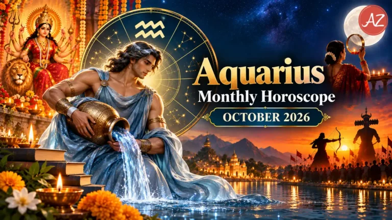 Aquarius Monthly Horoscope October 2026 illustration featuring the celestial water bearer, Aquarius zodiac symbol, Goddess Durga, Navratri lamps, Dussehra celebrations and the Karwa Chauth moon.