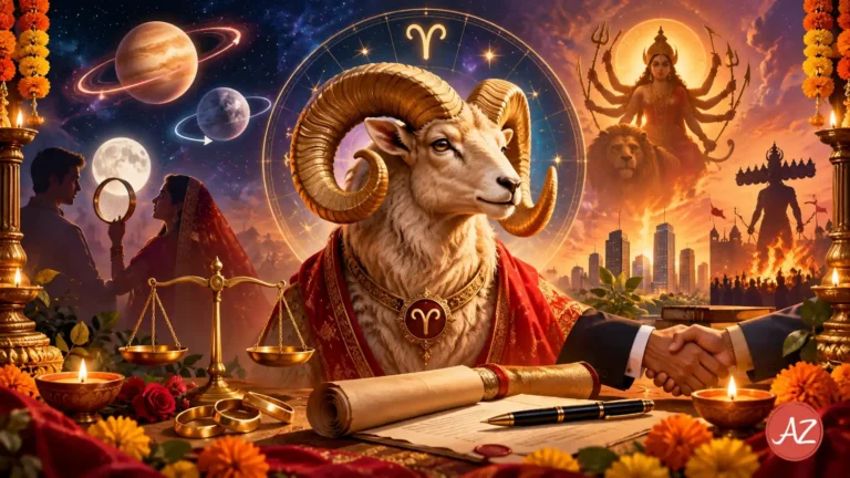 Aries Monthly Horoscope October 2026 illustration featuring a golden ram, zodiac wheel, Goddess Durga, Karwa Chauth moon, festive lamps and partnership symbols.