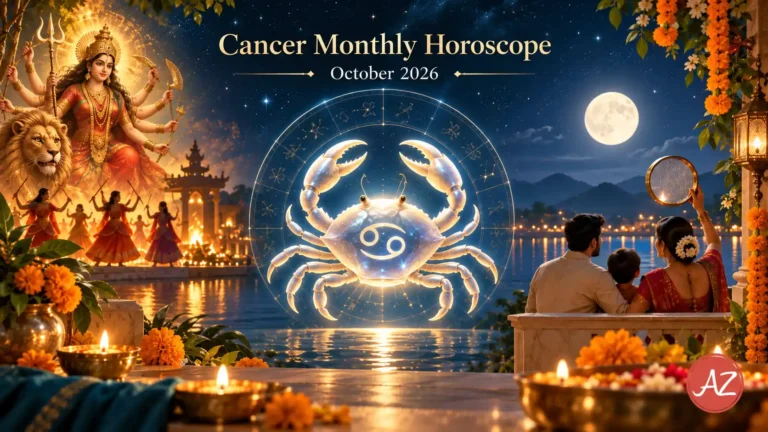 Cancer Monthly Horoscope October 2026 image featuring the Cancer zodiac crab, moonlit family scene, Goddess Durga, festive diyas and a calm home-centred astrological setting.