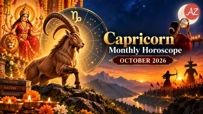 Capricorn Monthly Horoscope October 2026 illustration featuring a majestic celestial sea-goat, Capricorn zodiac symbol, Goddess Durga, Navratri lamps, Dussehra celebrations and the Karwa Chauth moon.