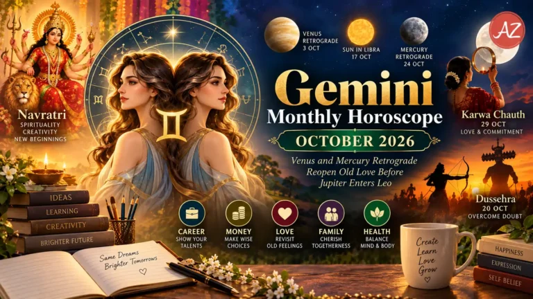 Gemini Monthly Horoscope October 2026 illustration featuring celestial twins, the Gemini zodiac symbol, Venus and Mercury, Goddess Durga, Navratri celebrations and the Karwa Chauth moon.