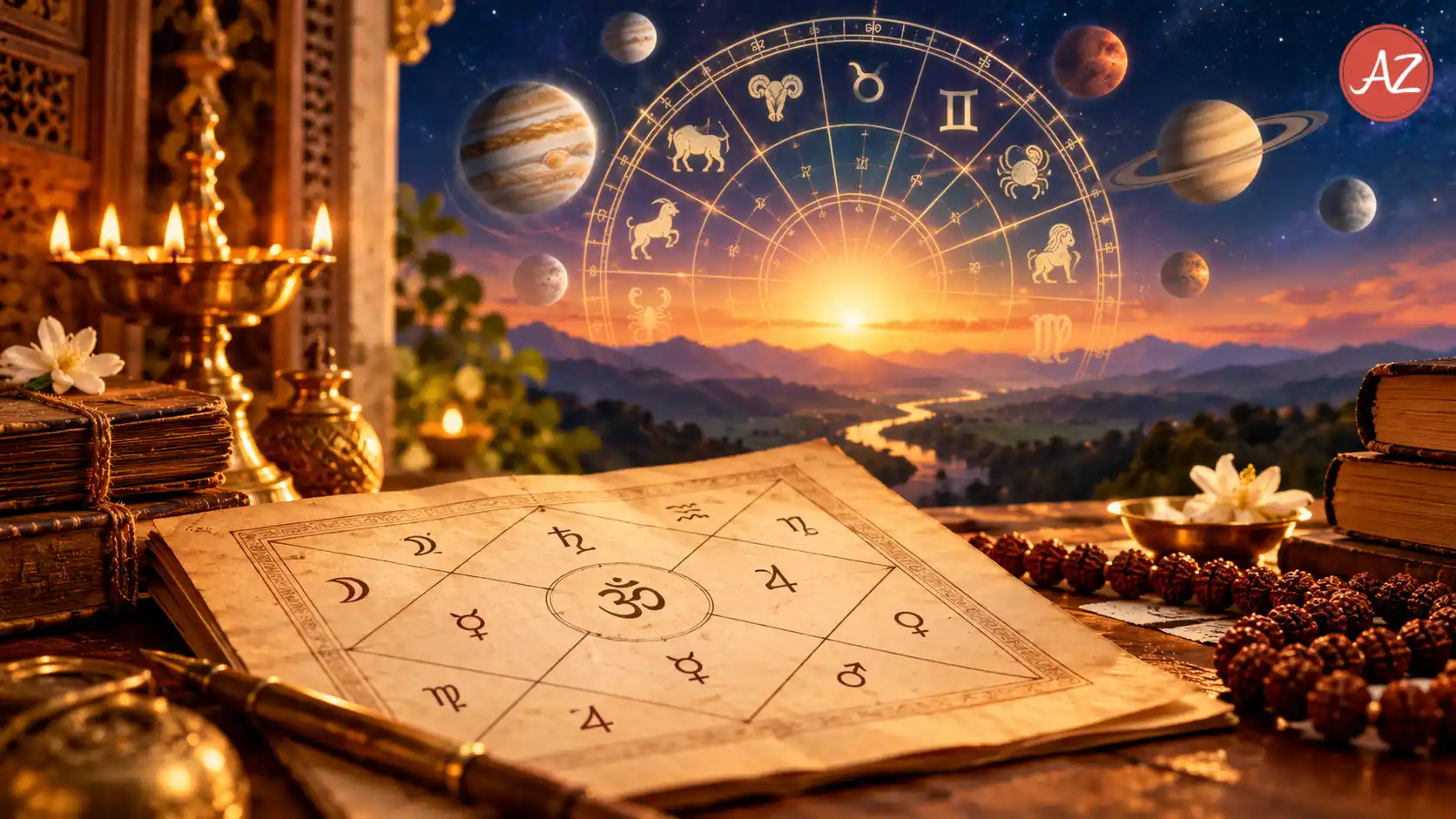 Hindu Astrology by Date of Birth with Vedic birth chart, zodiac wheel, planets, and spiritual astrology symbols