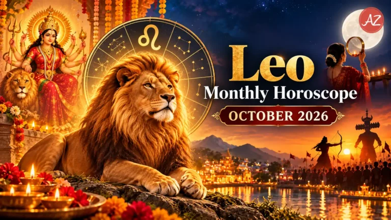 Leo Monthly Horoscope October 2026 illustration featuring a majestic golden lion, Leo zodiac symbol, Goddess Durga, festive diyas, Dussehra celebrations and a glowing celestial background.
