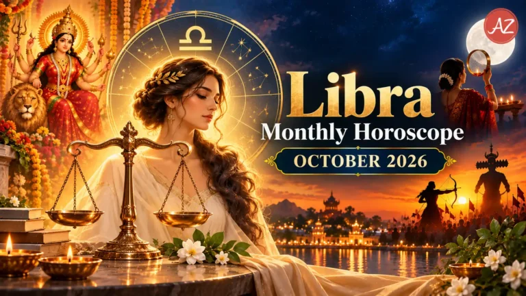 Libra Monthly Horoscope October 2026 illustration featuring golden zodiac scales, Goddess Durga, festive diyas, Dussehra celebrations and the Karwa Chauth moon.