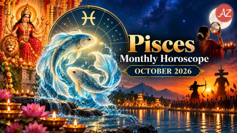 Pisces Monthly Horoscope October 2026 illustration featuring two celestial fish, the Pisces zodiac symbol, Goddess Durga, festive diyas, Dussehra celebrations and the Karwa Chauth moon.