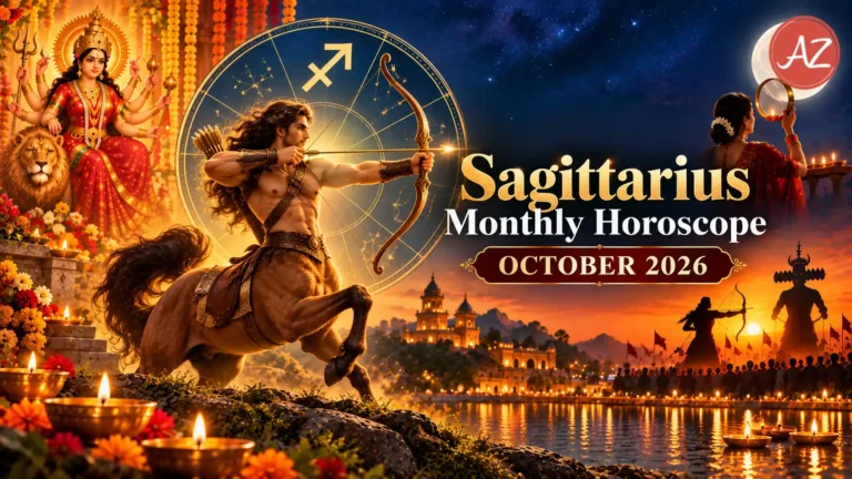 Sagittarius Monthly Horoscope October 2026 illustration featuring a celestial archer, Sagittarius zodiac symbol, Goddess Durga, Navratri lamps, Dussehra celebrations and a glowing Karwa Chauth moon.