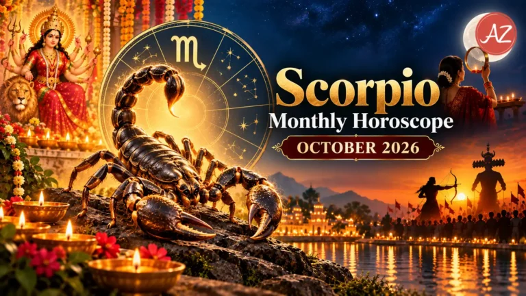 Scorpio Monthly Horoscope October 2026 illustration featuring a golden scorpion, Scorpio zodiac symbol, Goddess Durga, Navratri lamps, Dussehra celebrations and the Karwa Chauth moon.
