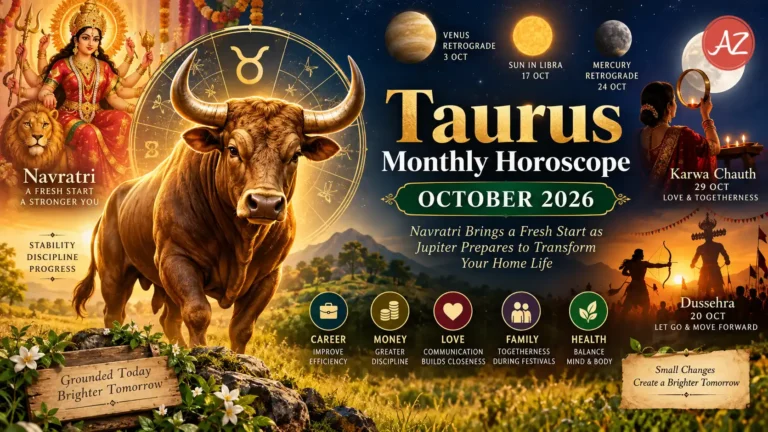 Taurus Monthly Horoscope October 2026 illustration featuring a majestic bull, zodiac wheel, Goddess Durga, festive diyas, a glowing moon and symbols of family, health and career.