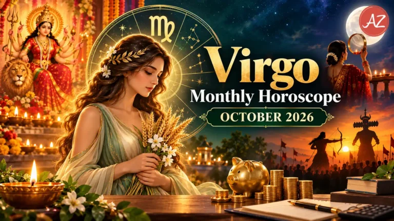 Virgo Monthly Horoscope October 2026 illustration featuring the Virgo zodiac maiden, glowing zodiac wheel, Goddess Durga, festive diyas, golden coins and a moonlit Karwa Chauth celebration.