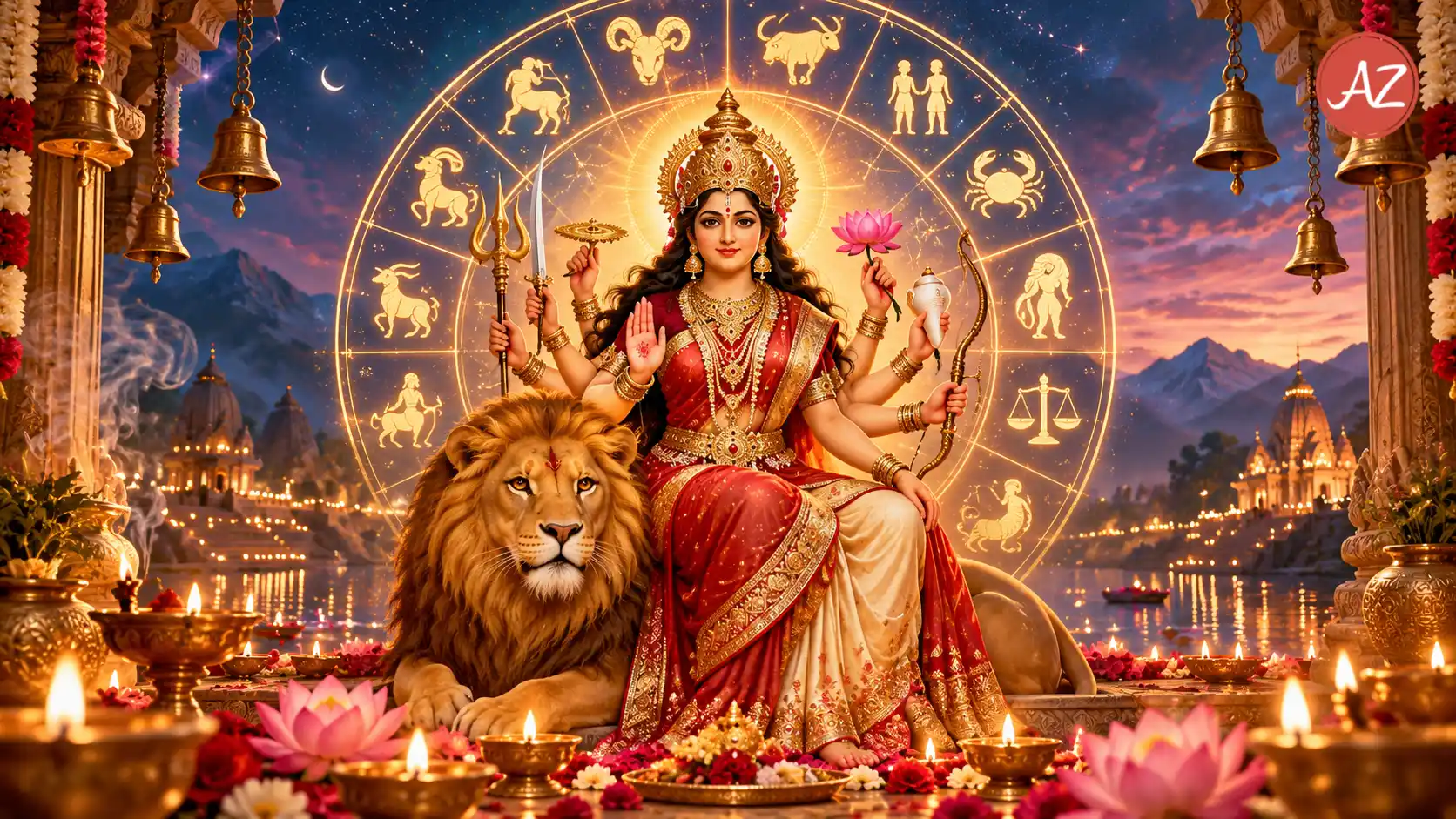 Navratri 2026 remedies for all 12 rashis shown through Goddess Durga, a glowing zodiac wheel, diyas, lotus flowers, and traditional Navratri worship.