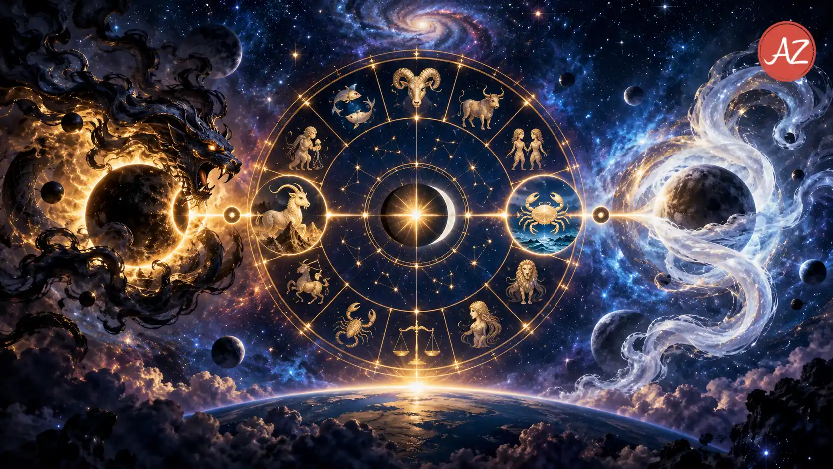 Rahu Ketu Transit 2026 showing the Capricorn and Cancer axis with the 12 zodiac signs in a cosmic Vedic astrology setting.