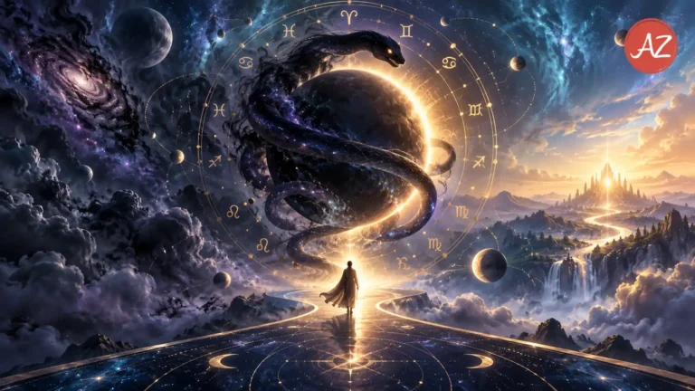 Rahu Mahadasha represented through a mystical shadow planet, zodiac energy and a glowing path symbolising confusion, ambition and opportunity over its 18-year period.